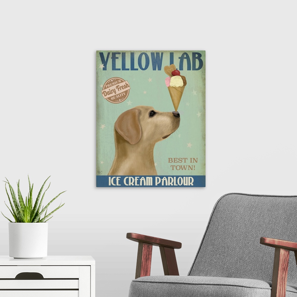 A modern room featuring Decorative artwork of a Yellow Lab balancing an ice cream cone on its nose in an advertisement fo...