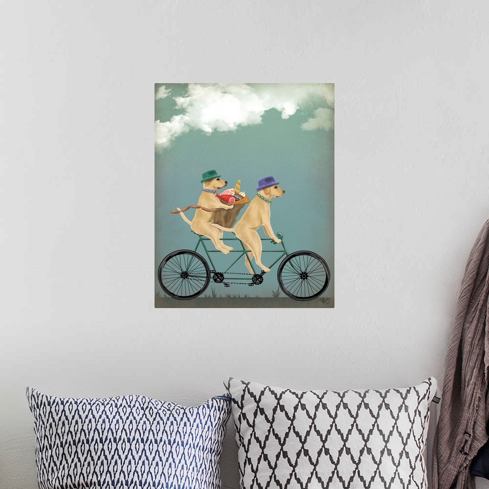 A bohemian room featuring Decorative artwork of two Yellow Labradors riding on a green tandem bicycle wearing hats and carr...