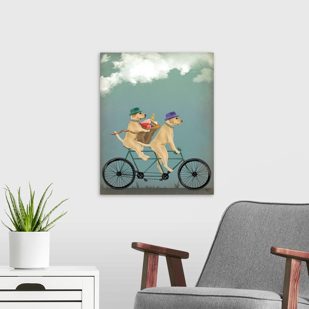 A modern room featuring Decorative artwork of two Yellow Labradors riding on a green tandem bicycle wearing hats and carr...