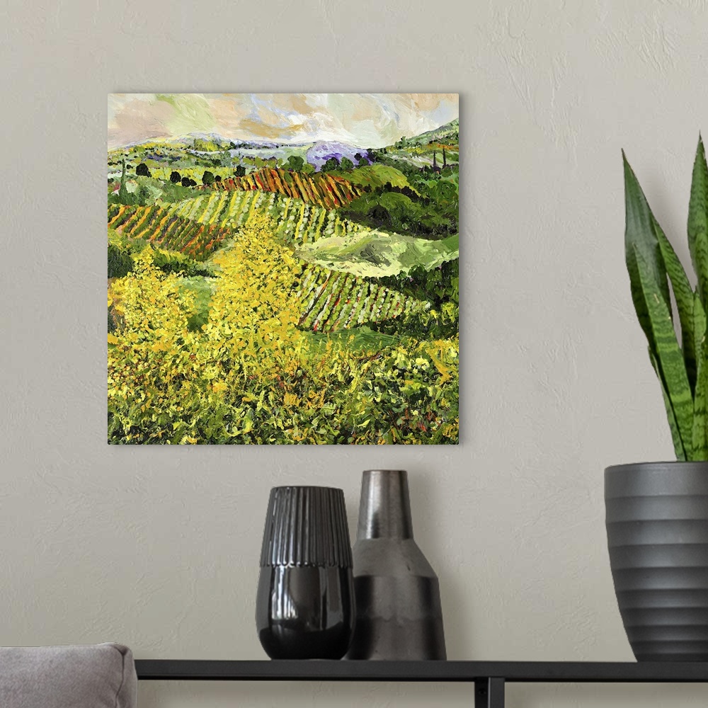 A modern room featuring Contemporary painting of a country landscape with two yellow trees looking over crops growing in ...