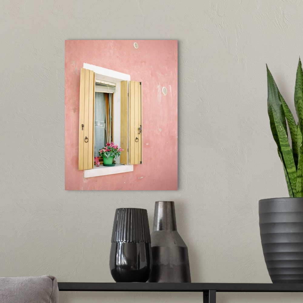 A modern room featuring Photograph of a small flowering plant on a windowsill, flanked by yellow shutters, Burano, Italy.