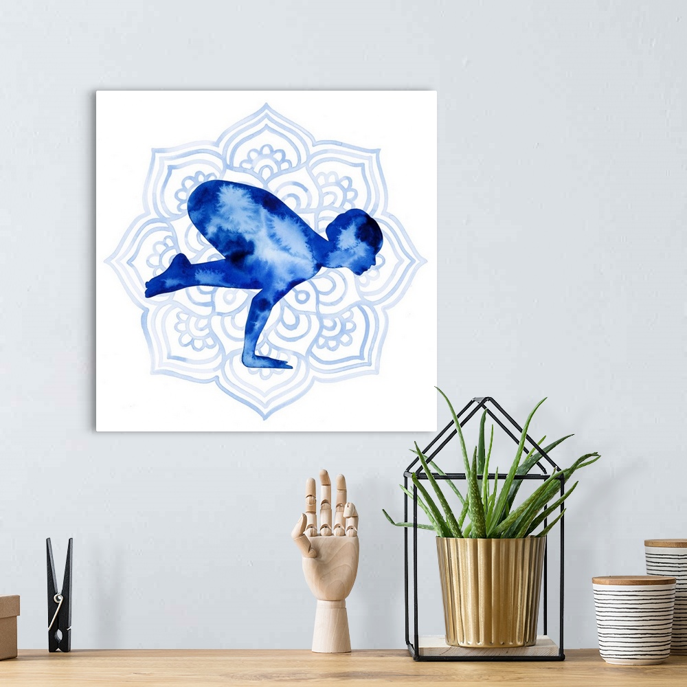 A bohemian room featuring This serene series features a silhouetted yoga pose in blue watercolor over a lotus flower design...