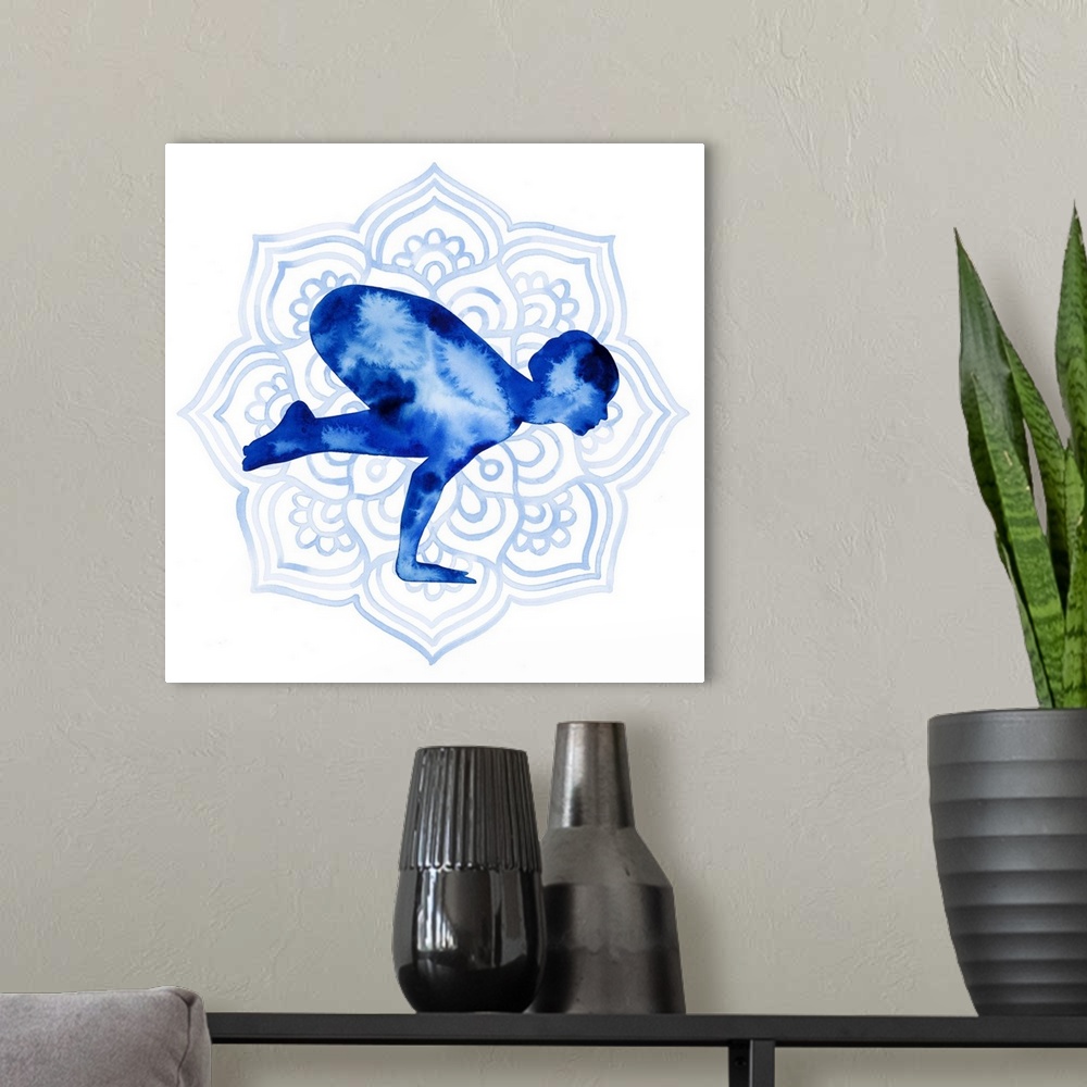 A modern room featuring This serene series features a silhouetted yoga pose in blue watercolor over a lotus flower design...