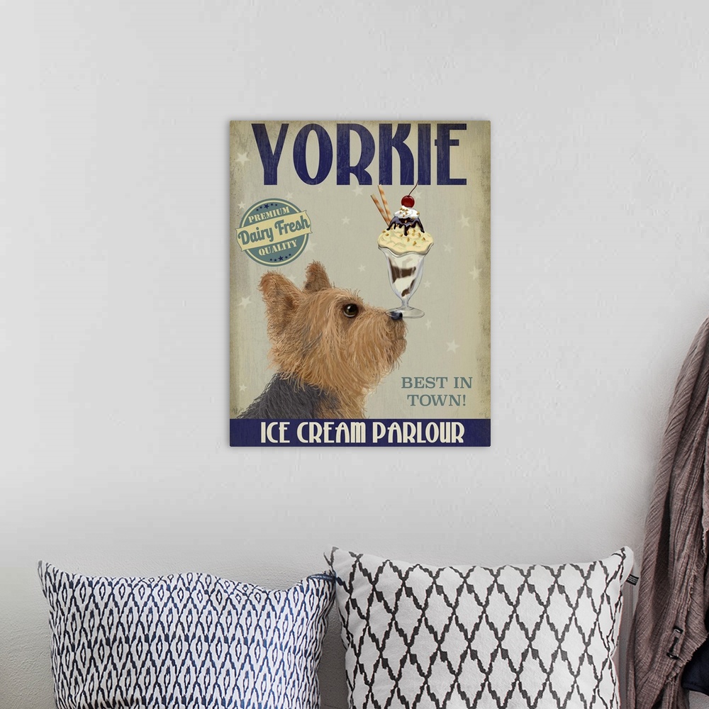 A bohemian room featuring Decorative artwork of a Yorkshire Terrier balancing an ice cream sundae on its nose in an adverti...