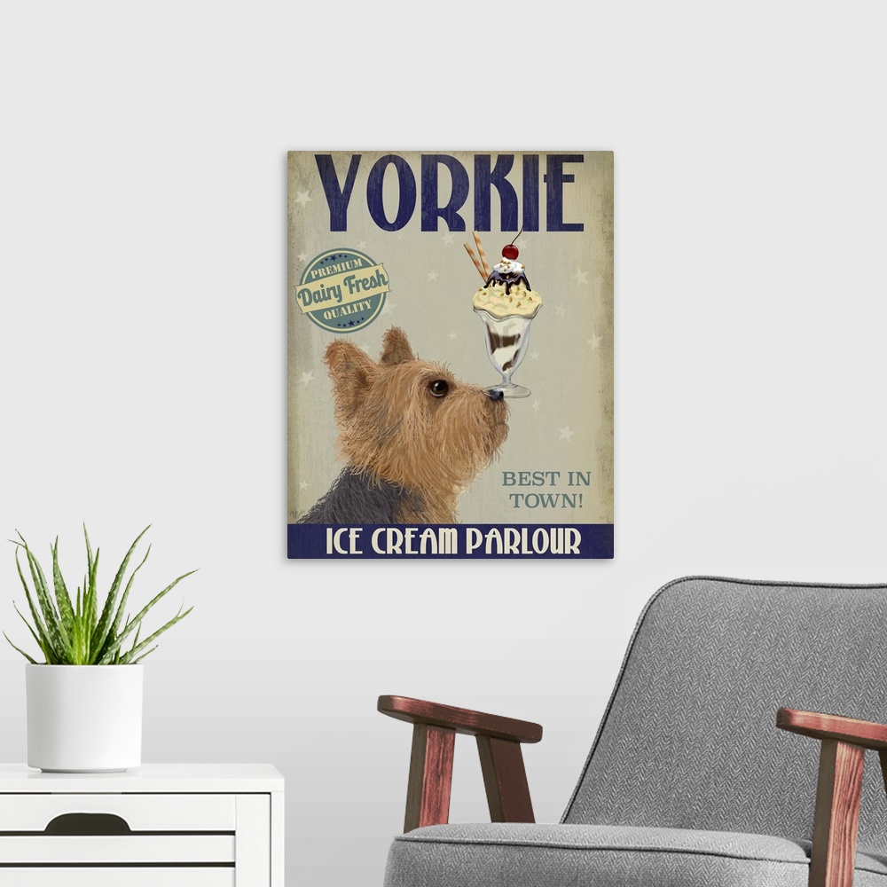 A modern room featuring Decorative artwork of a Yorkshire Terrier balancing an ice cream sundae on its nose in an adverti...
