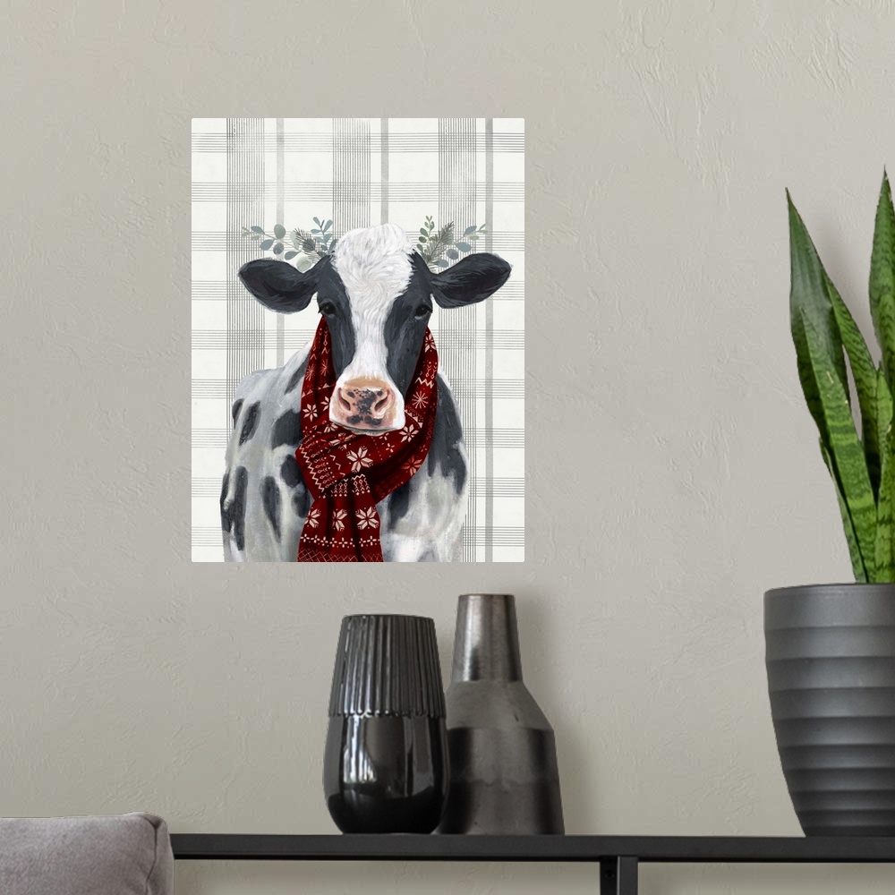 A modern room featuring An amusing image of a black and white cow wearing a red scarf and branches behind ears on a gray ...