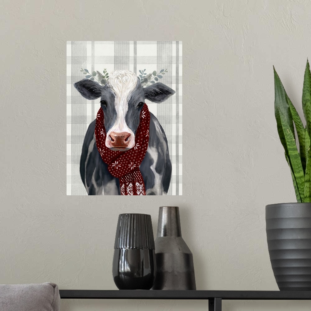 A modern room featuring An amusing image of a black and white cow wearing a red scarf and branches behind ears on a gray ...