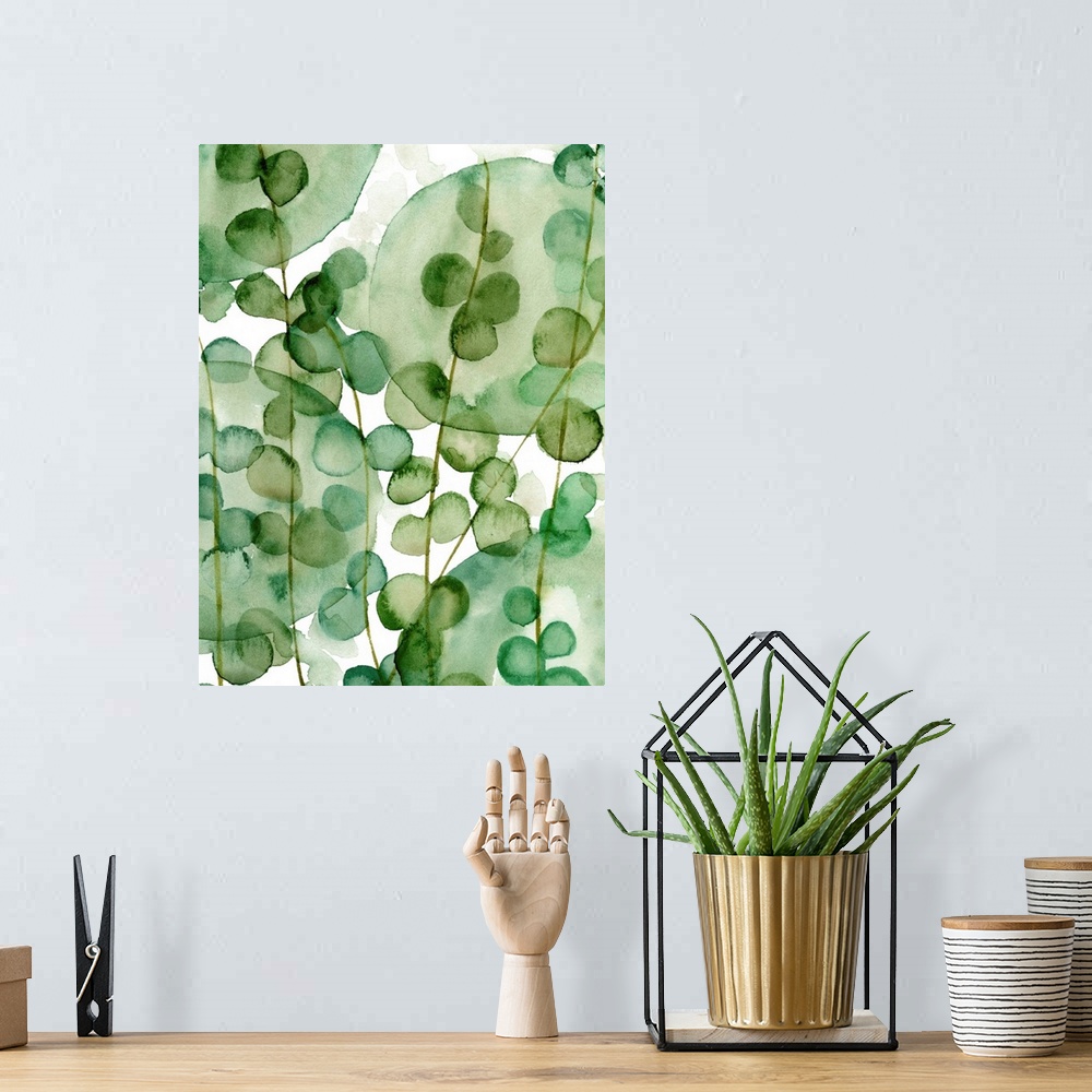 A bohemian room featuring Abstract interpretation of tropical foliage made with shades of green.