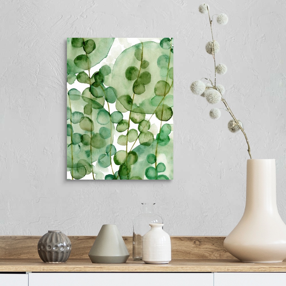 A farmhouse room featuring Abstract interpretation of tropical foliage made with shades of green.