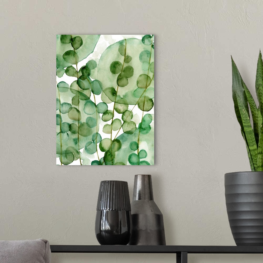 A modern room featuring Abstract interpretation of tropical foliage made with shades of green.