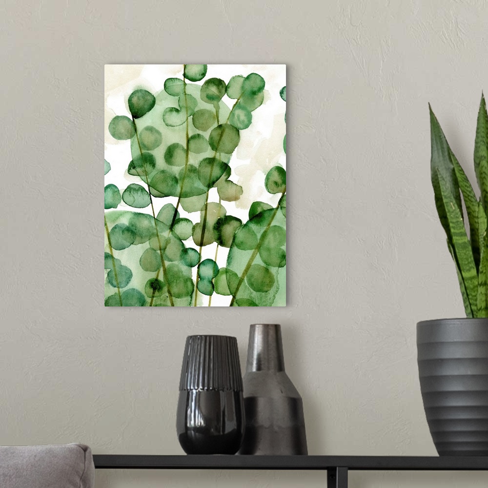 A modern room featuring Abstract interpretation of tropical foliage made with shades of green.