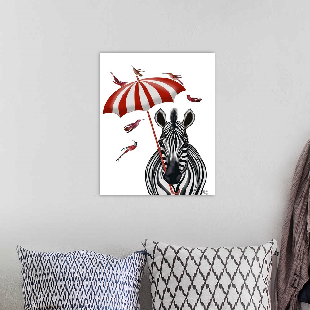 A bohemian room featuring A zebra holding a red and white striped parasol.