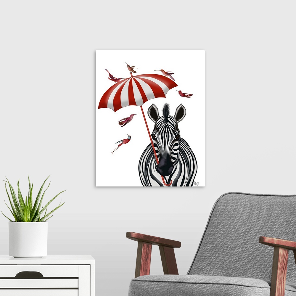 A modern room featuring A zebra holding a red and white striped parasol.