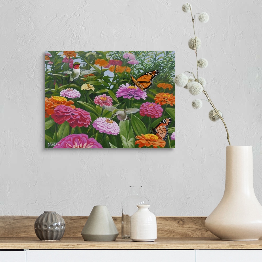 A farmhouse room featuring Contemporary painting of a monarch butterfly and a humming bird in a field of zinnia flowers.