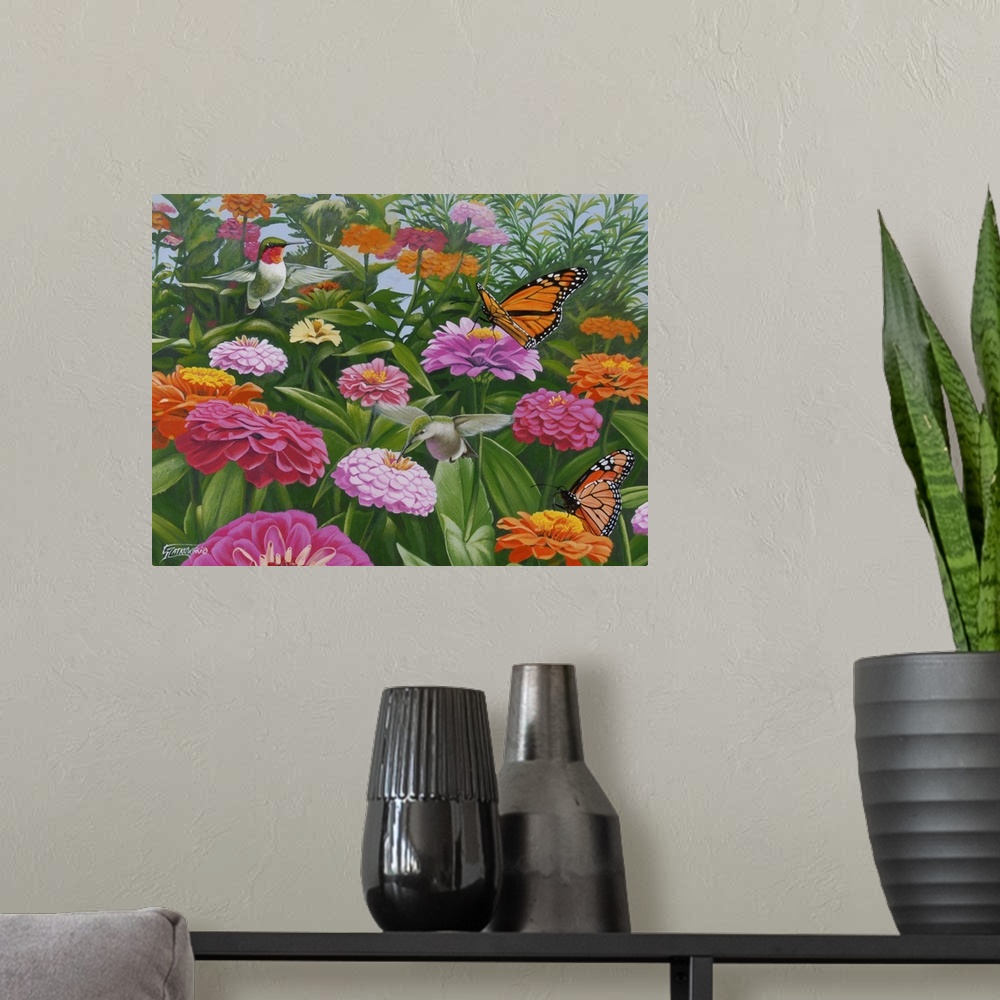 A modern room featuring Contemporary painting of a monarch butterfly and a humming bird in a field of zinnia flowers.