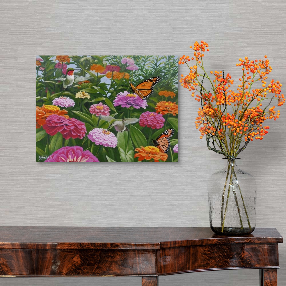 A traditional room featuring Contemporary painting of a monarch butterfly and a humming bird in a field of zinnia flowers.