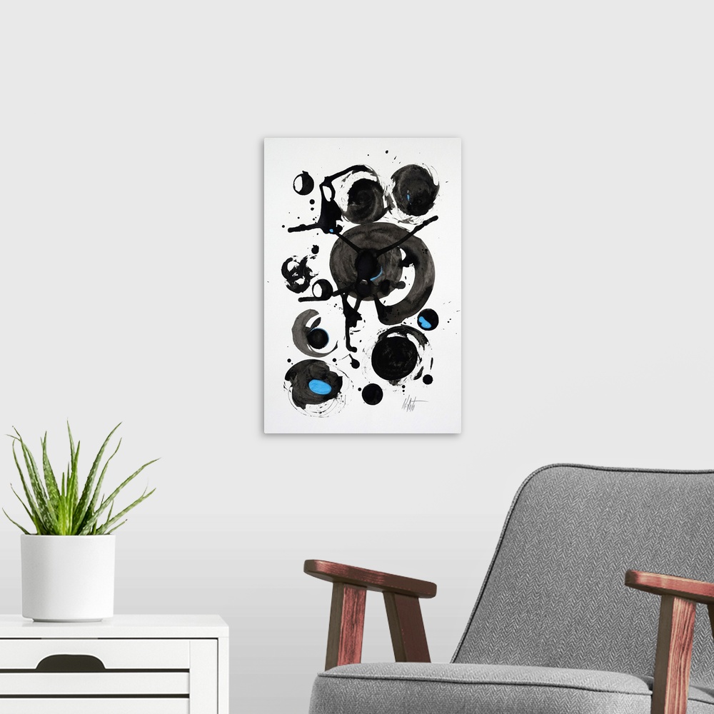 A modern room featuring Abstract expression painting in which strokes and shapes invade the neutral space in contrast wit...