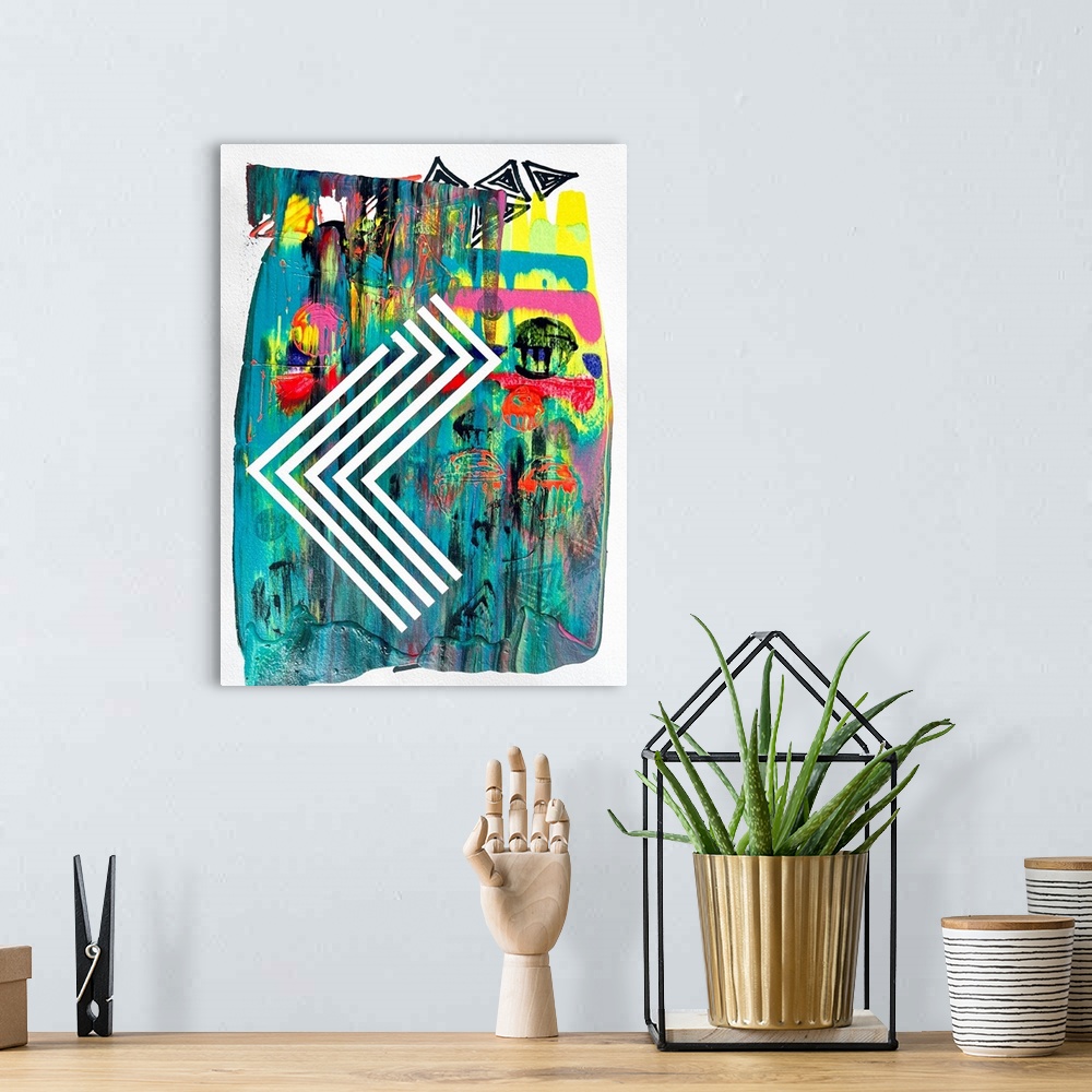 A bohemian room featuring Abstract expressionist painting with geometric color and lines invading the space in contrast wit...