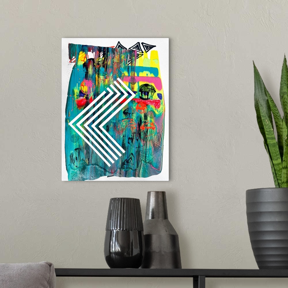 A modern room featuring Abstract expressionist painting with geometric color and lines invading the space in contrast wit...