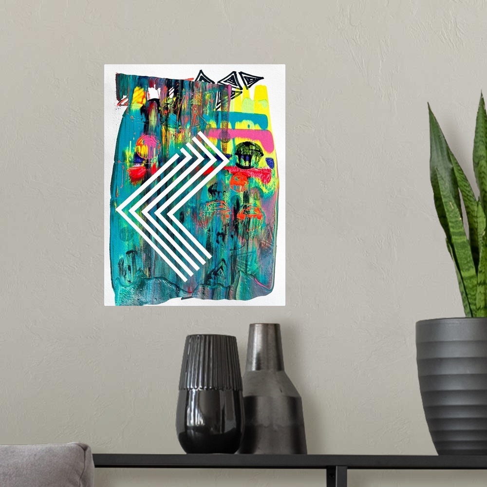 A modern room featuring Abstract expressionist painting with geometric color and lines invading the space in contrast wit...