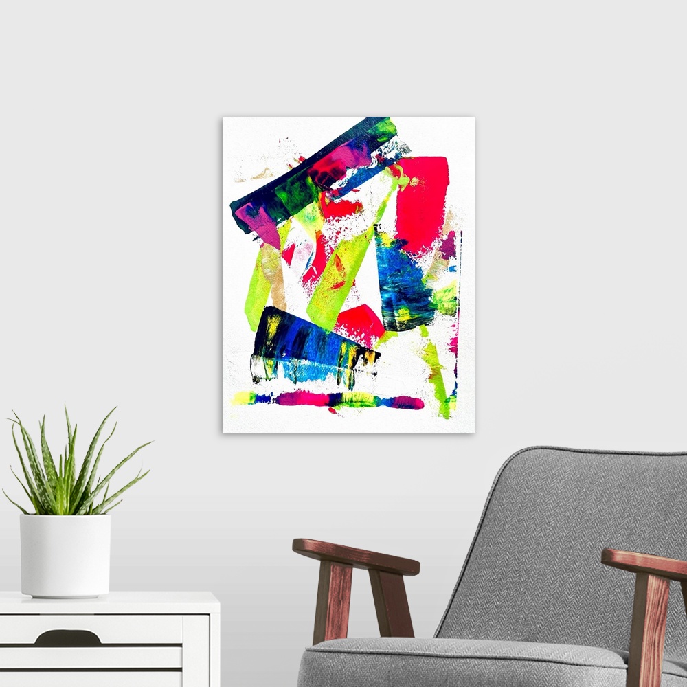 A modern room featuring Abstract expressionist painting with strokes and shapes invading the neutral space in contrast wi...