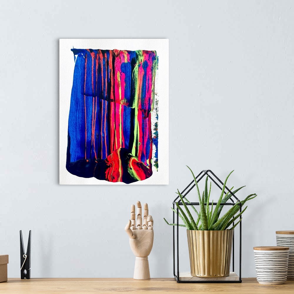 A bohemian room featuring Abstract expressionist painting with strokes and shapes invading the neutral space in contrast wi...