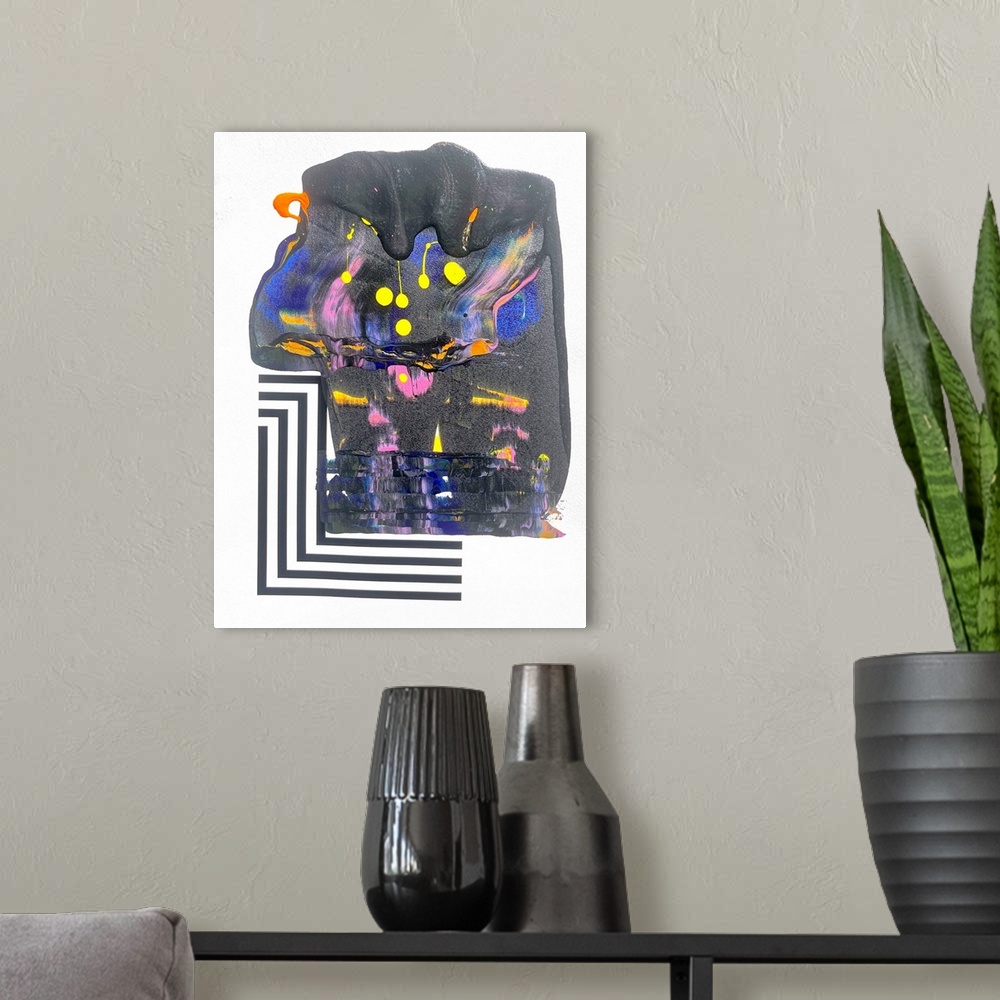 A modern room featuring Abstract expressionist painting with strokes and shapes invading the neutral space in contrast wi...