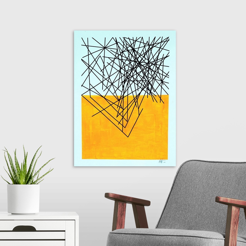 A modern room featuring Abstract expression painting in which geometric color and lines invade the space in contrast with...