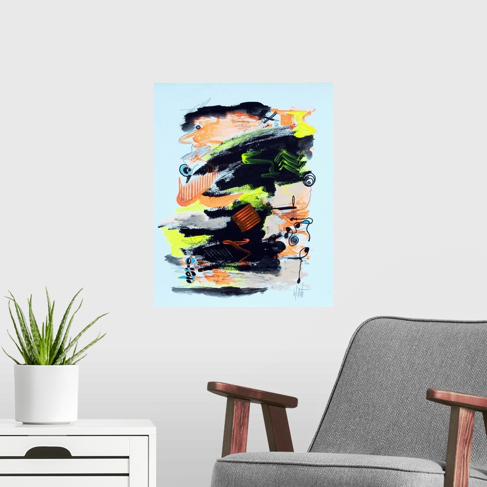 A modern room featuring Abstract expression painting in which strokes and shapes invade the neutral space in contrast wit...
