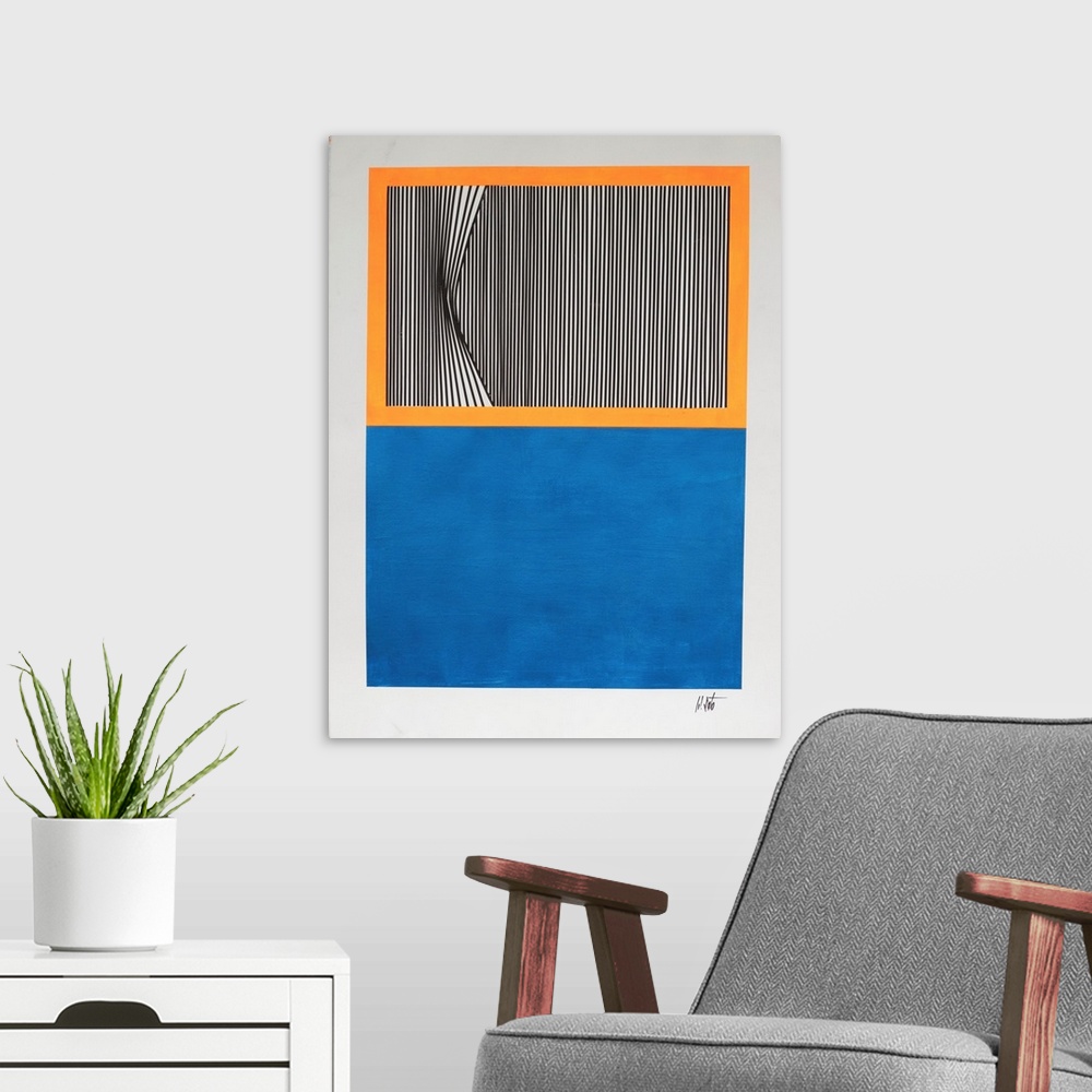 A modern room featuring Abstract expression painting in which geometric color and lines invade the space in contrast with...