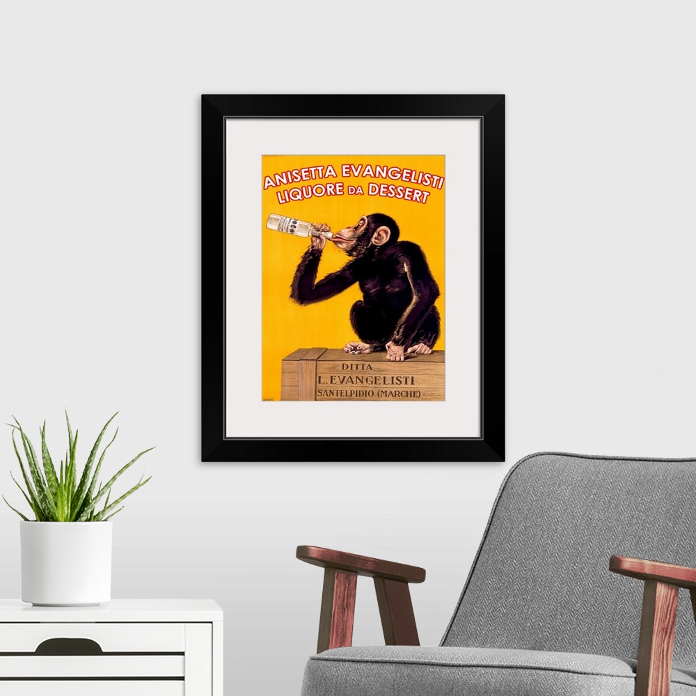 A modern room featuring Antique poster print of a monkey sitting on top of a wooden crate drinking a bottle of liquor.