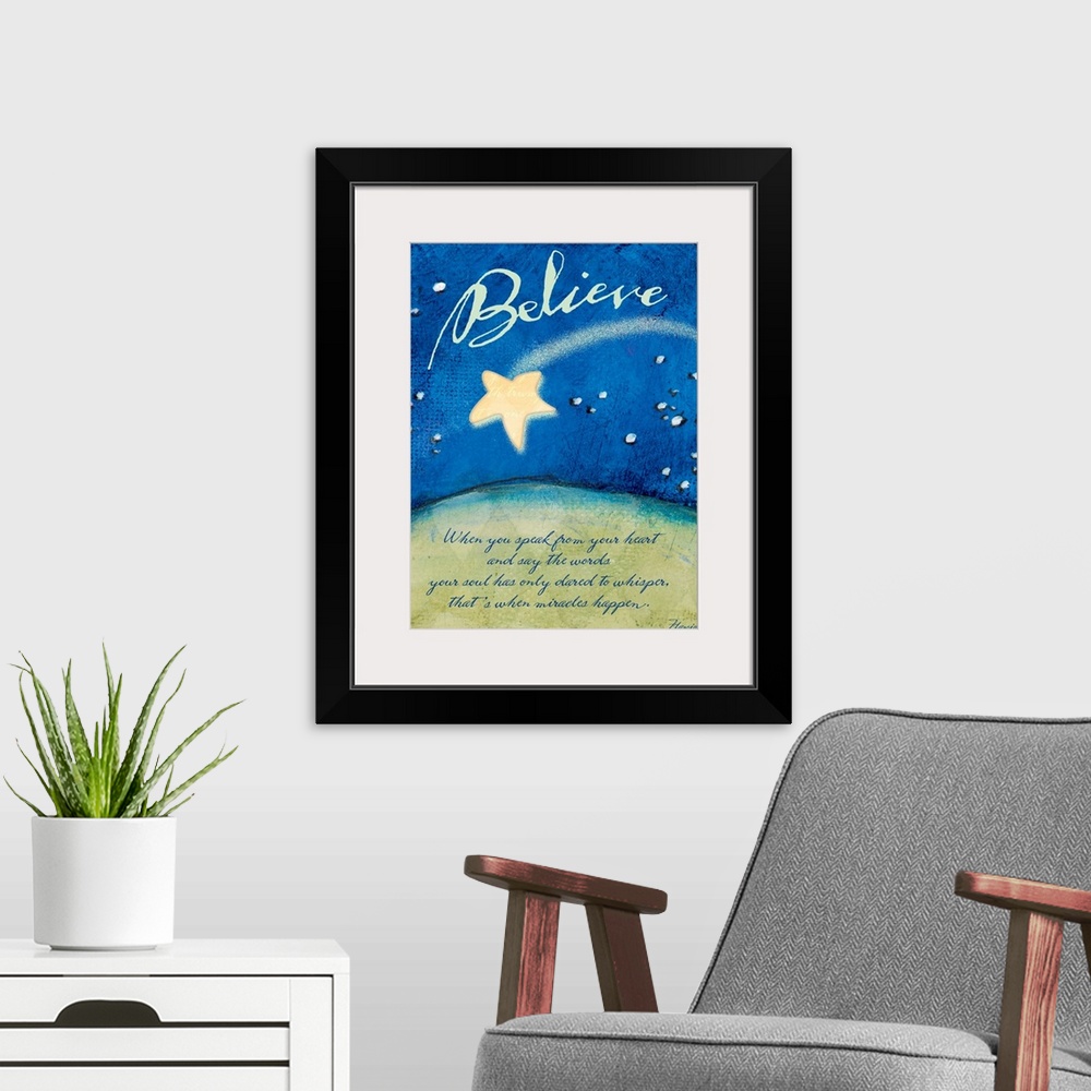 A modern room featuring Motivational Believe poster with a shooting star streaking through the sky at night with the text...