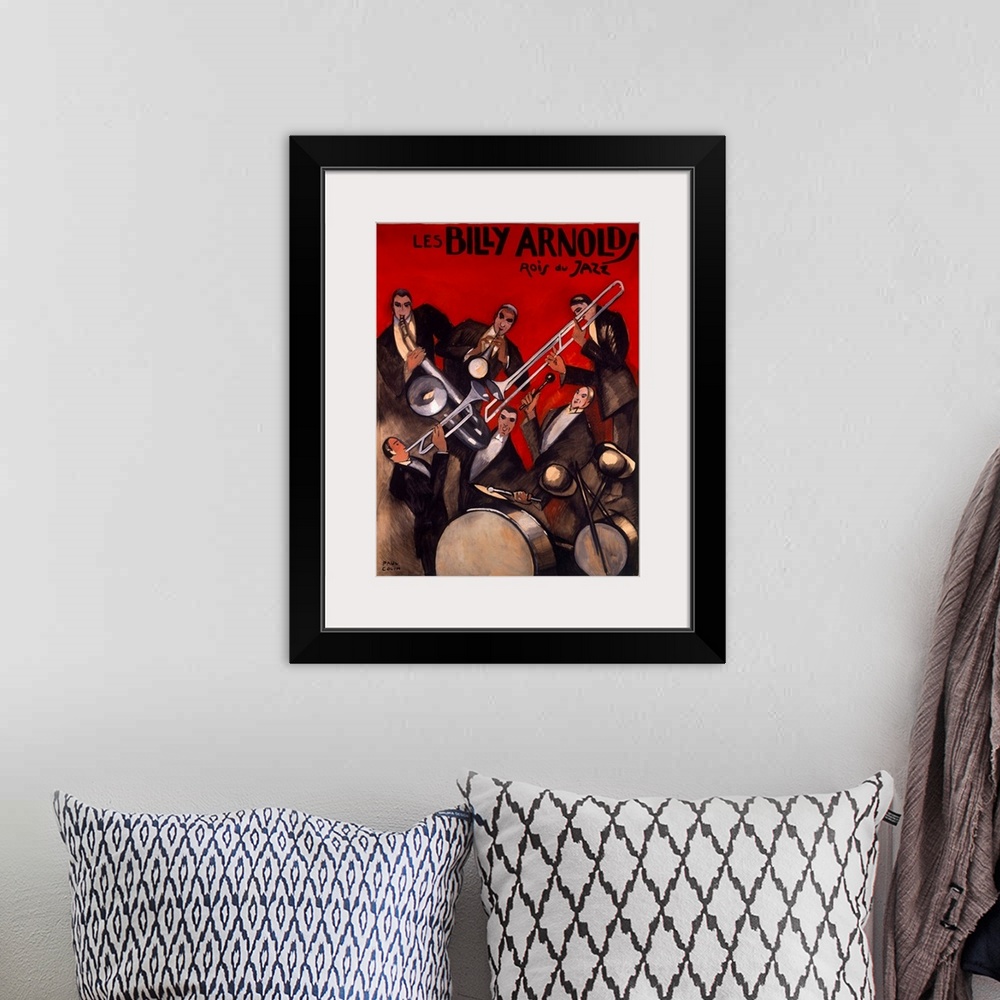 A bohemian room featuring This Art Deco wall art is a theatrical poster advertising a jazz orchestral band of musicians in ...