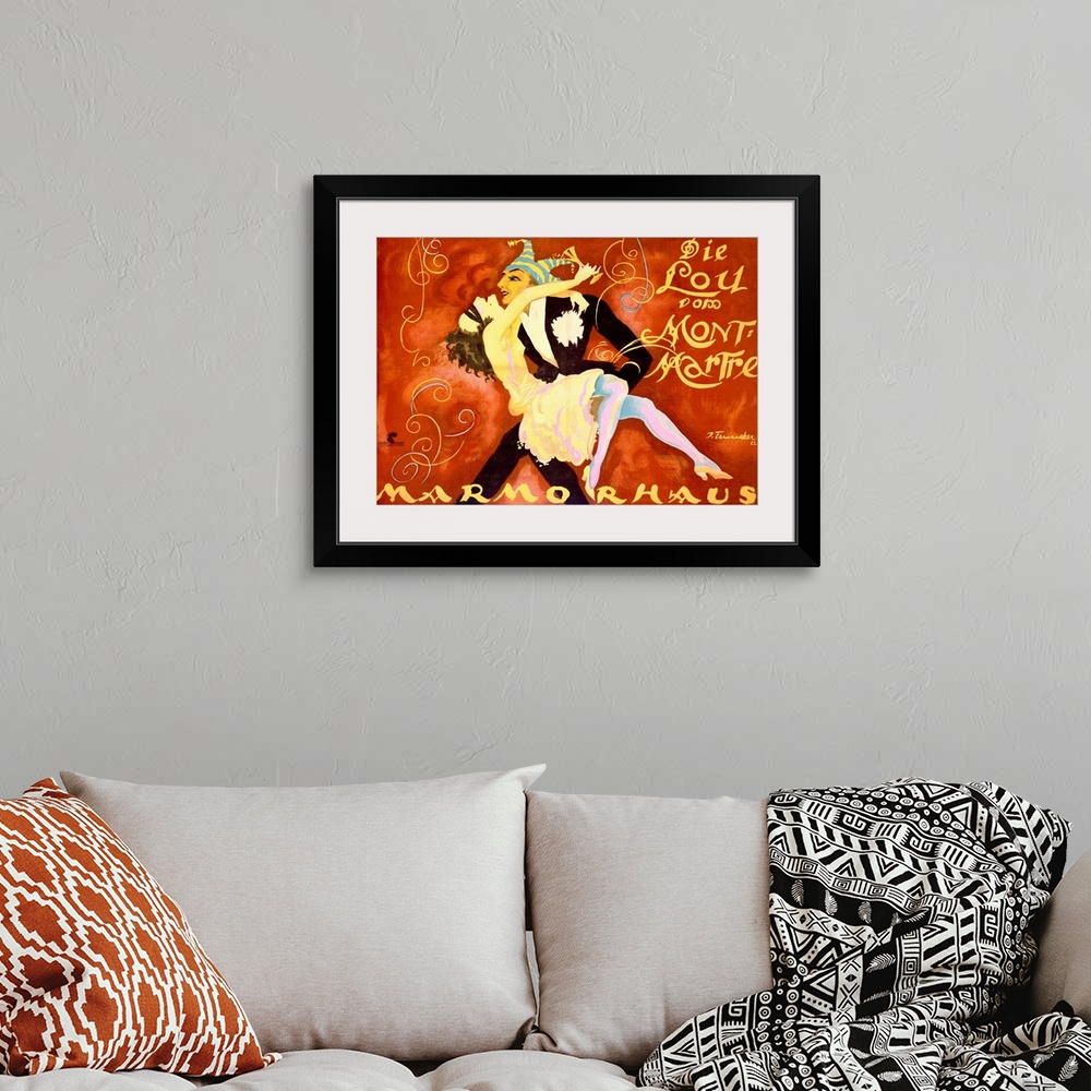 A bohemian room featuring This vintage poster showcases an expressionist style of painted figures dancing in a ball gown an...