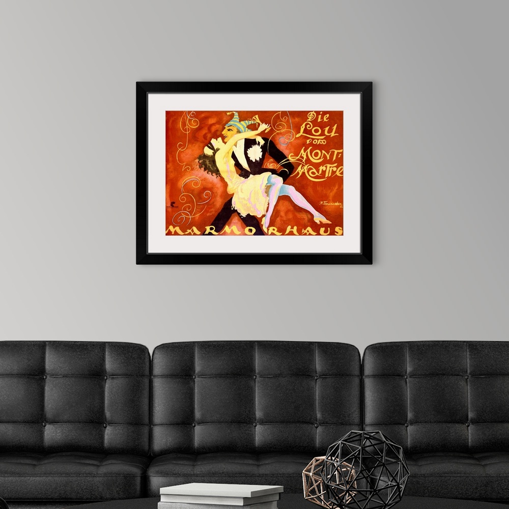 A modern room featuring This vintage poster showcases an expressionist style of painted figures dancing in a ball gown an...