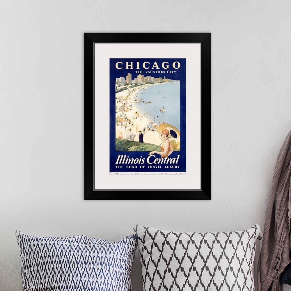 A bohemian room featuring Huge advertising art focuses on a beach scene within the largest city of Illinois.  The populated...