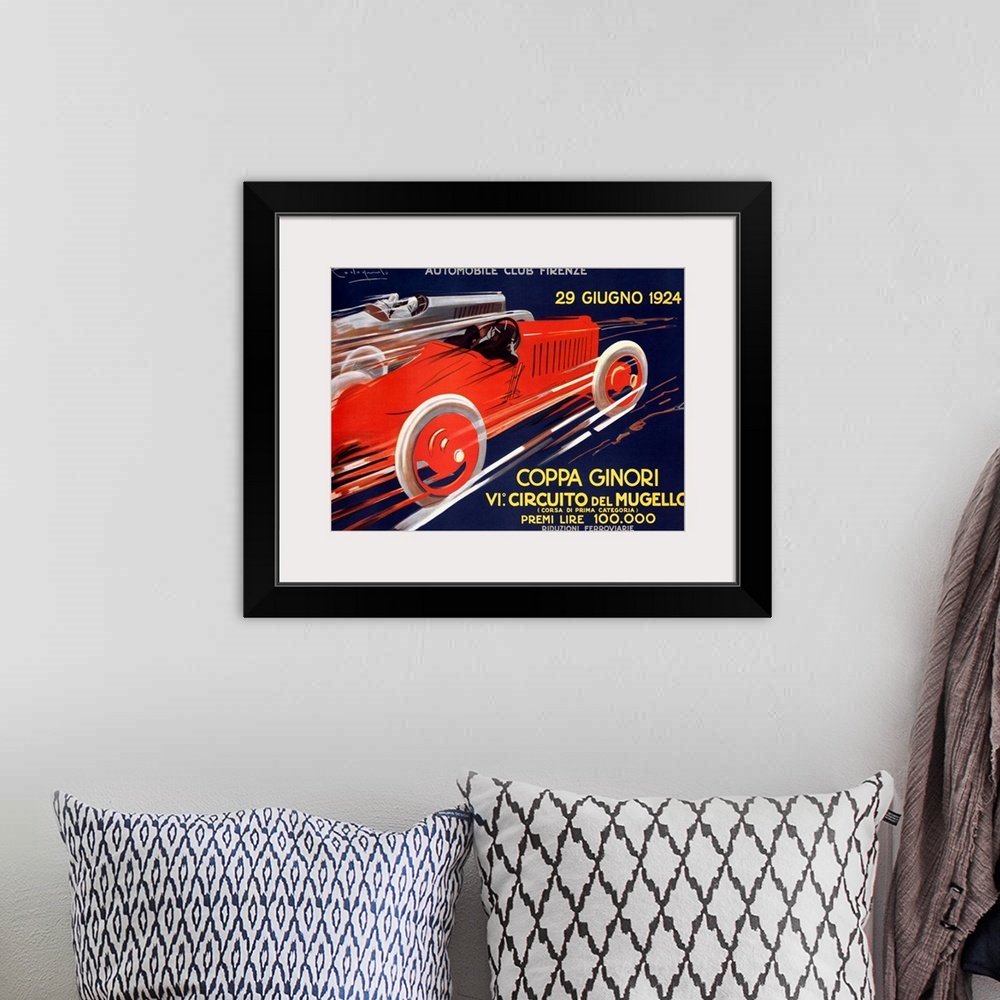 A bohemian room featuring Classic poser illustrating speeding Italian cars.
