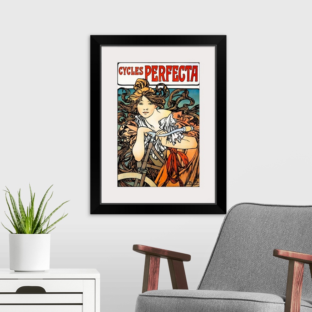 A modern room featuring Art Nouveau poster of a beautiful female figure draped over a bicycle with flowing hair.