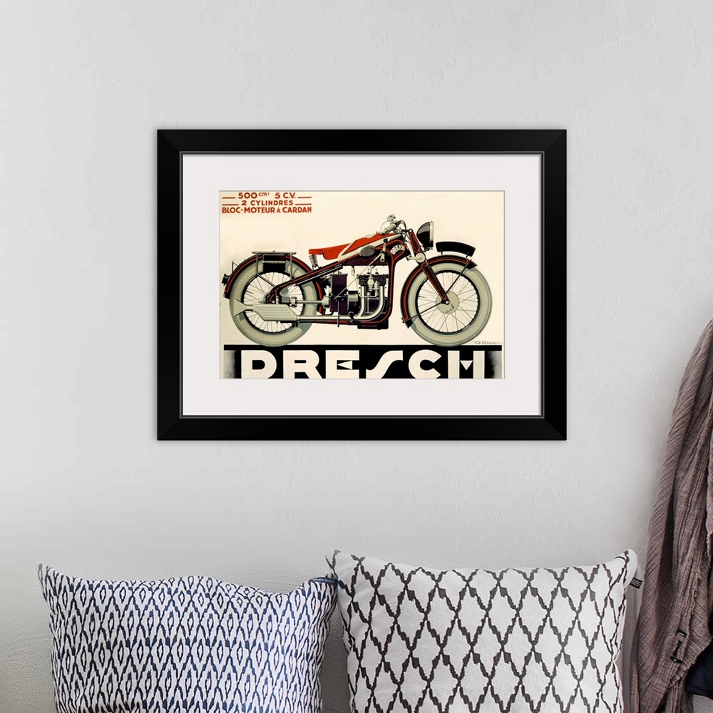A bohemian room featuring Large, horizontal vintage art advertisement of a Dresch, 500 CC Motorcycle in black and red, on a...