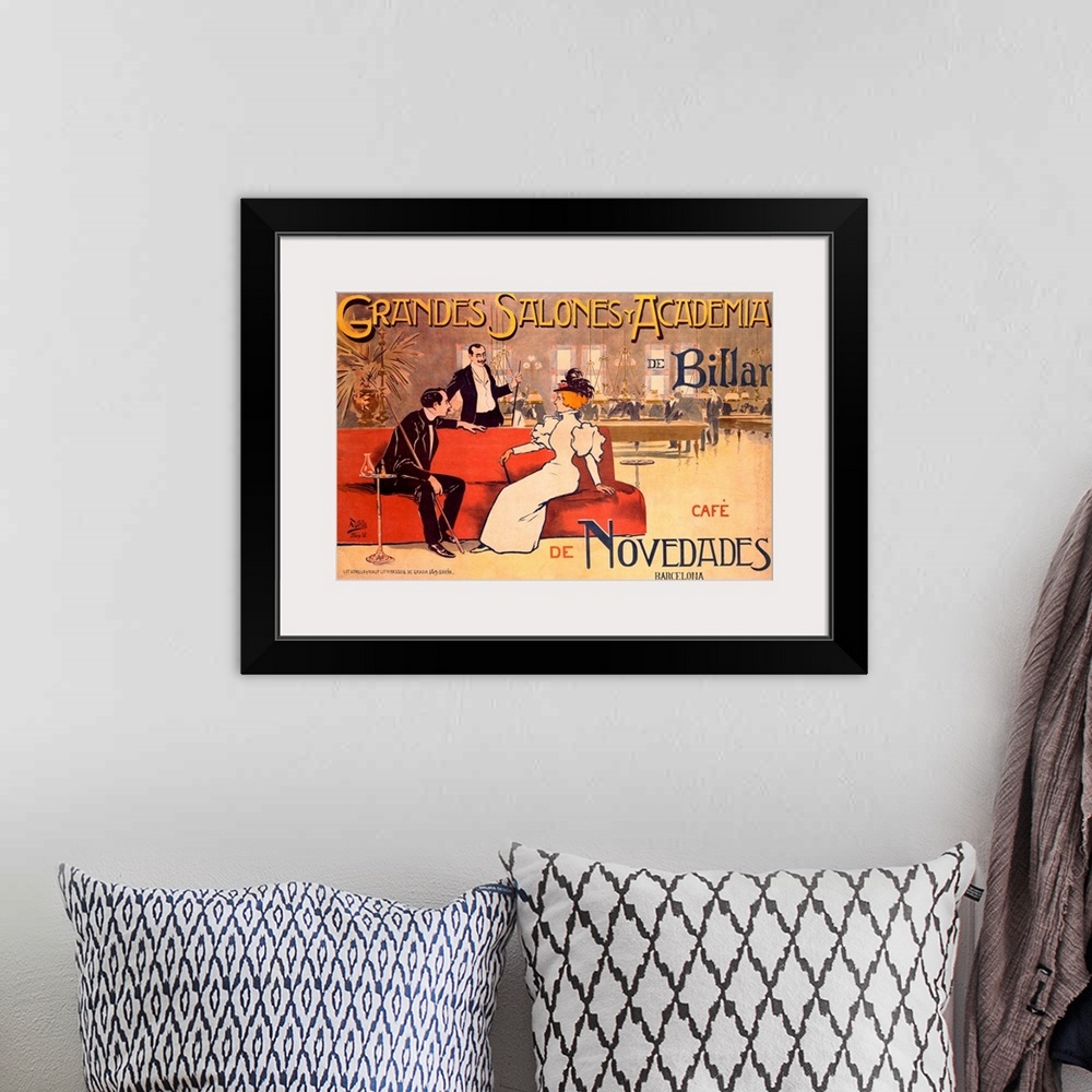 A bohemian room featuring A horizontal, vintage advertising poster of a lounge and billiards club; in the foreground with t...