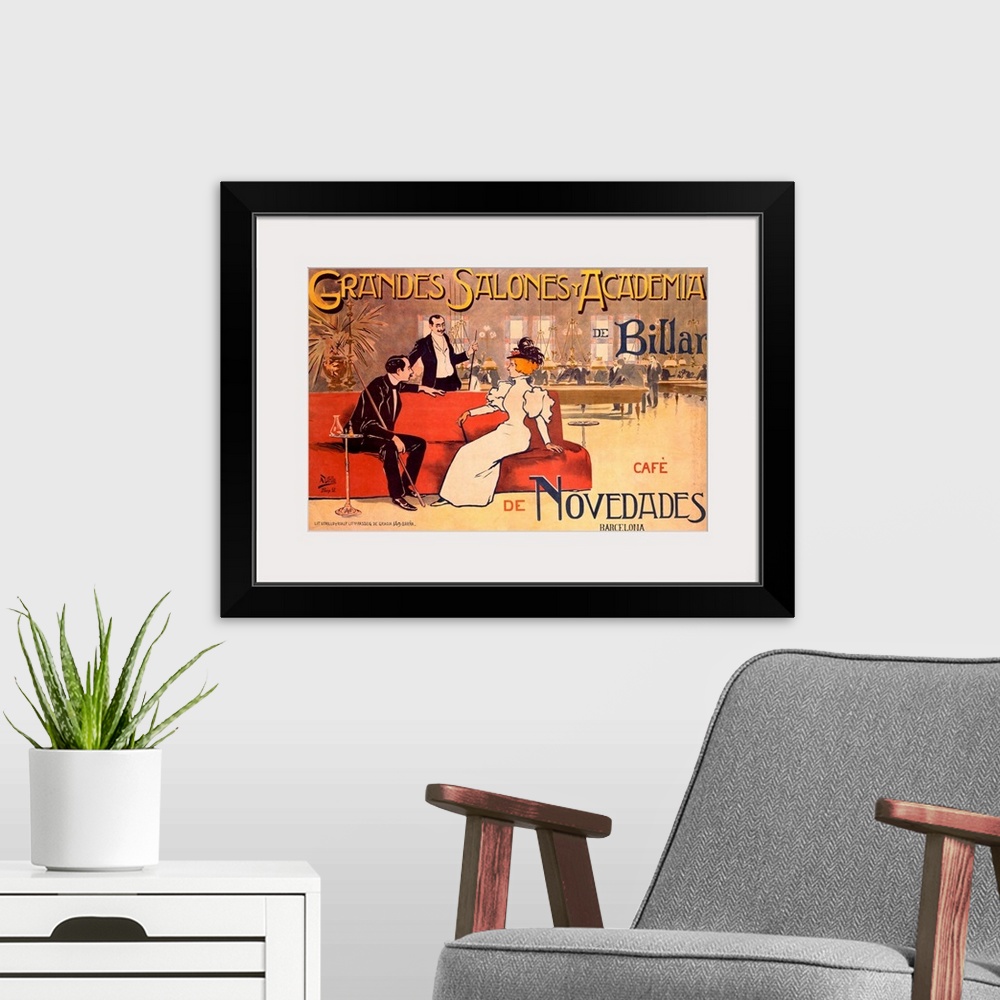 A modern room featuring A horizontal, vintage advertising poster of a lounge and billiards club; in the foreground with t...