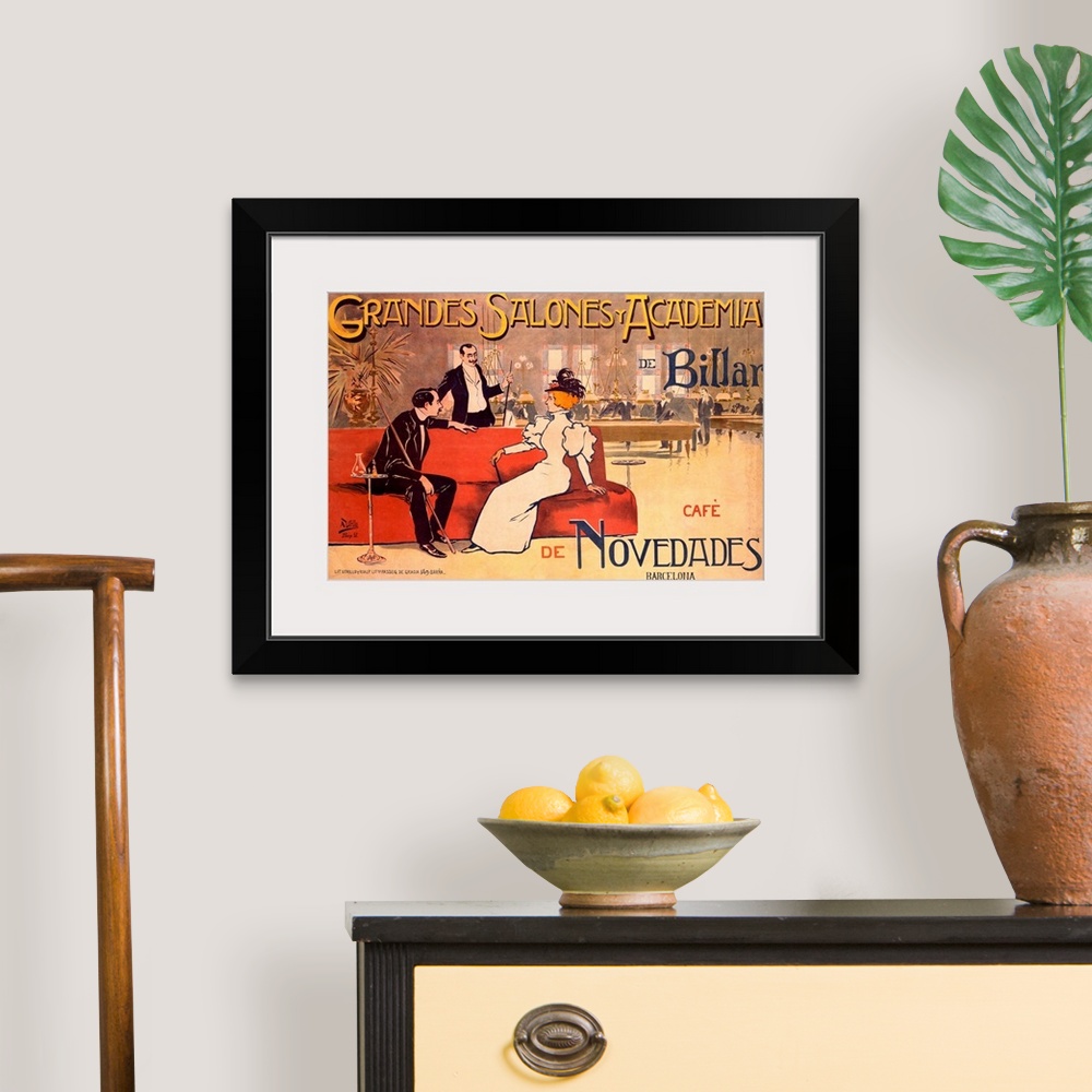 A traditional room featuring A horizontal, vintage advertising poster of a lounge and billiards club; in the foreground with t...