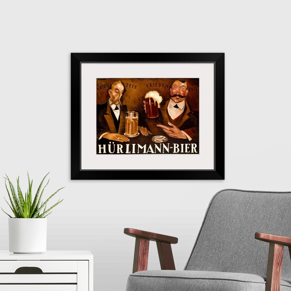A modern room featuring Large vintage art advertisement shows two nicely dressed men enjoying a couple of cold beers at a...