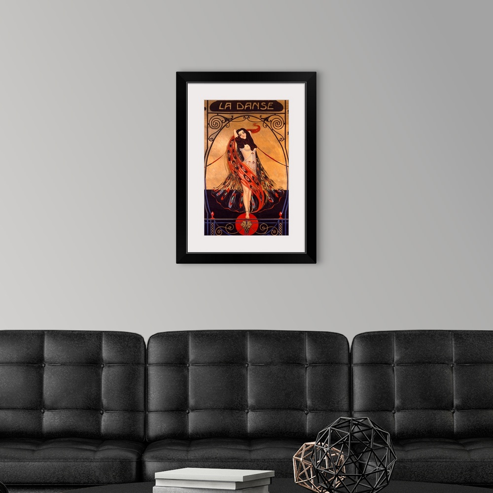 A modern room featuring Large antique advertising art showcases a nearly nude women wrapped in a see-through fabric cover...