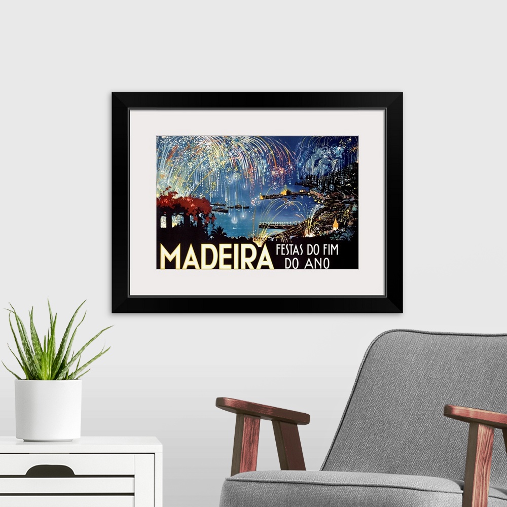 A modern room featuring Huge advertising art shows an elaborate set of fireworks going off at night over a busy city and ...