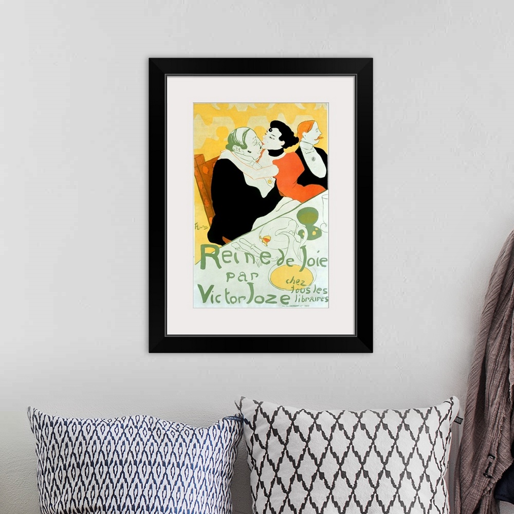 A bohemian room featuring Old advertising poster with a couple kissing at a dinner table.  The artist is know for his spiri...