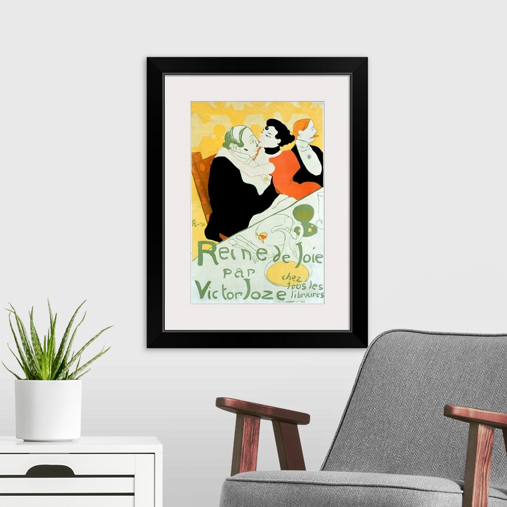 A modern room featuring Old advertising poster with a couple kissing at a dinner table.  The artist is know for his spiri...