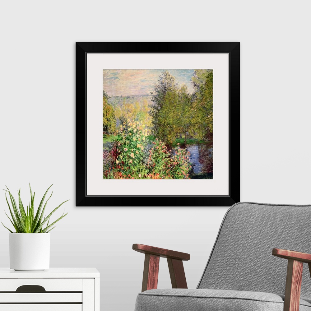 A modern room featuring Oil on canvas of a luscious garden with flowers by a river.