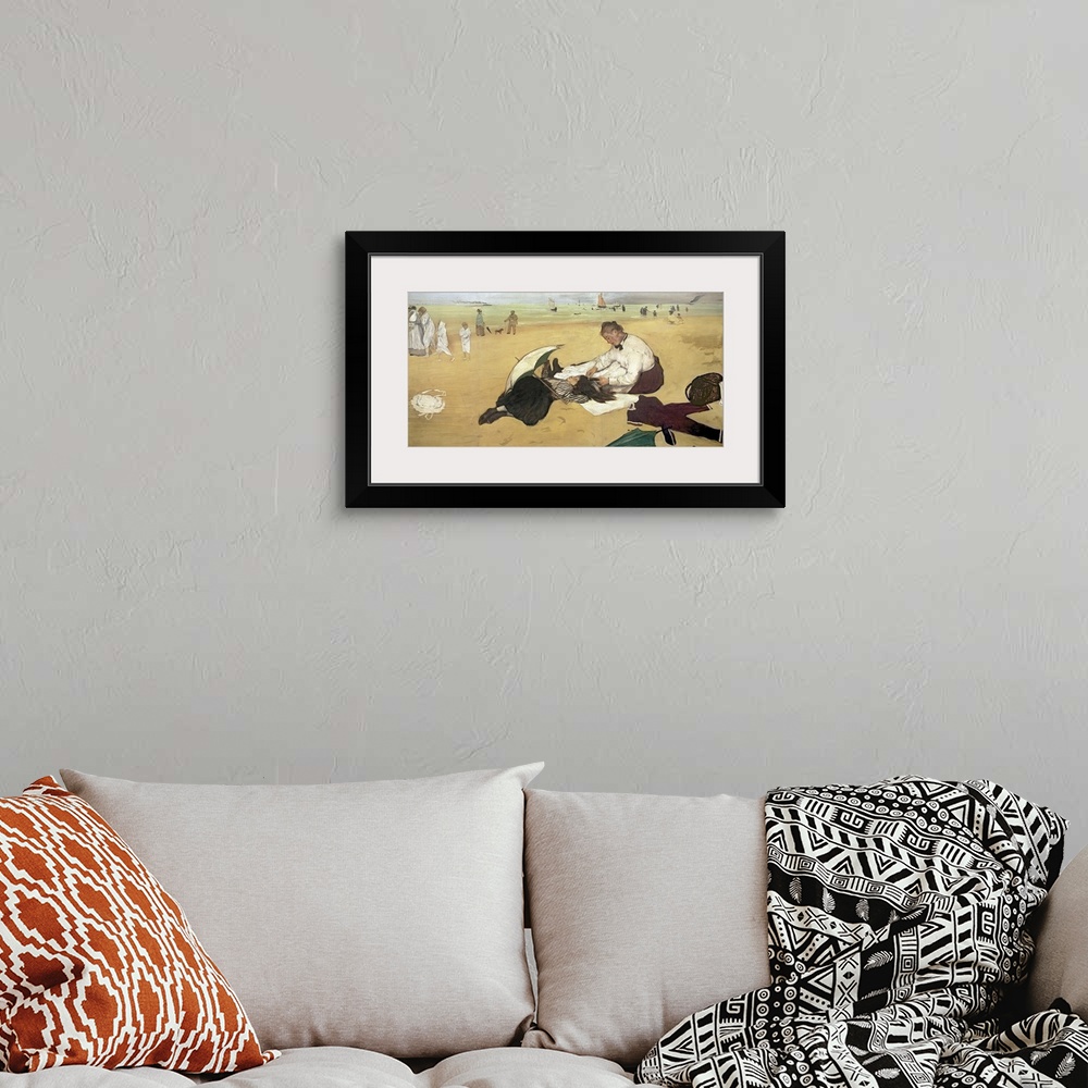 A bohemian room featuring A classic piece of artwork that is a beach scene with people in the water and walking near it. Th...