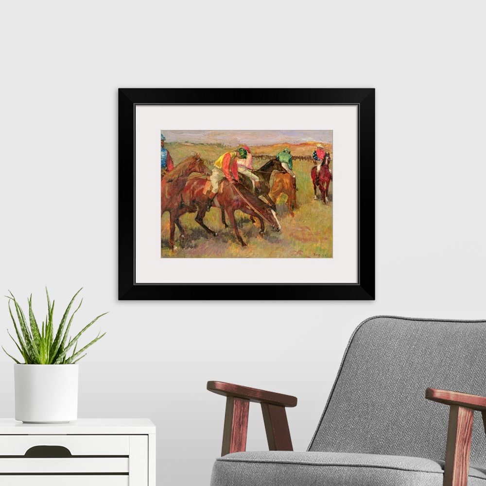 A modern room featuring Classic art parting of jockey's on horses eating grass before a race.